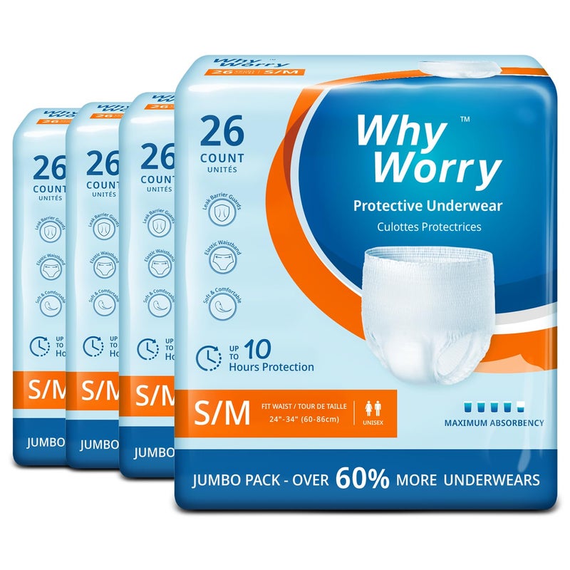 WhyWorry Incontinence Pants for Women and Men, Disposable Adult Pull Ups with Overnight Absorbency, Odor Control, Unisex, Small/Medium, 104 Count (4 Packs of 26)